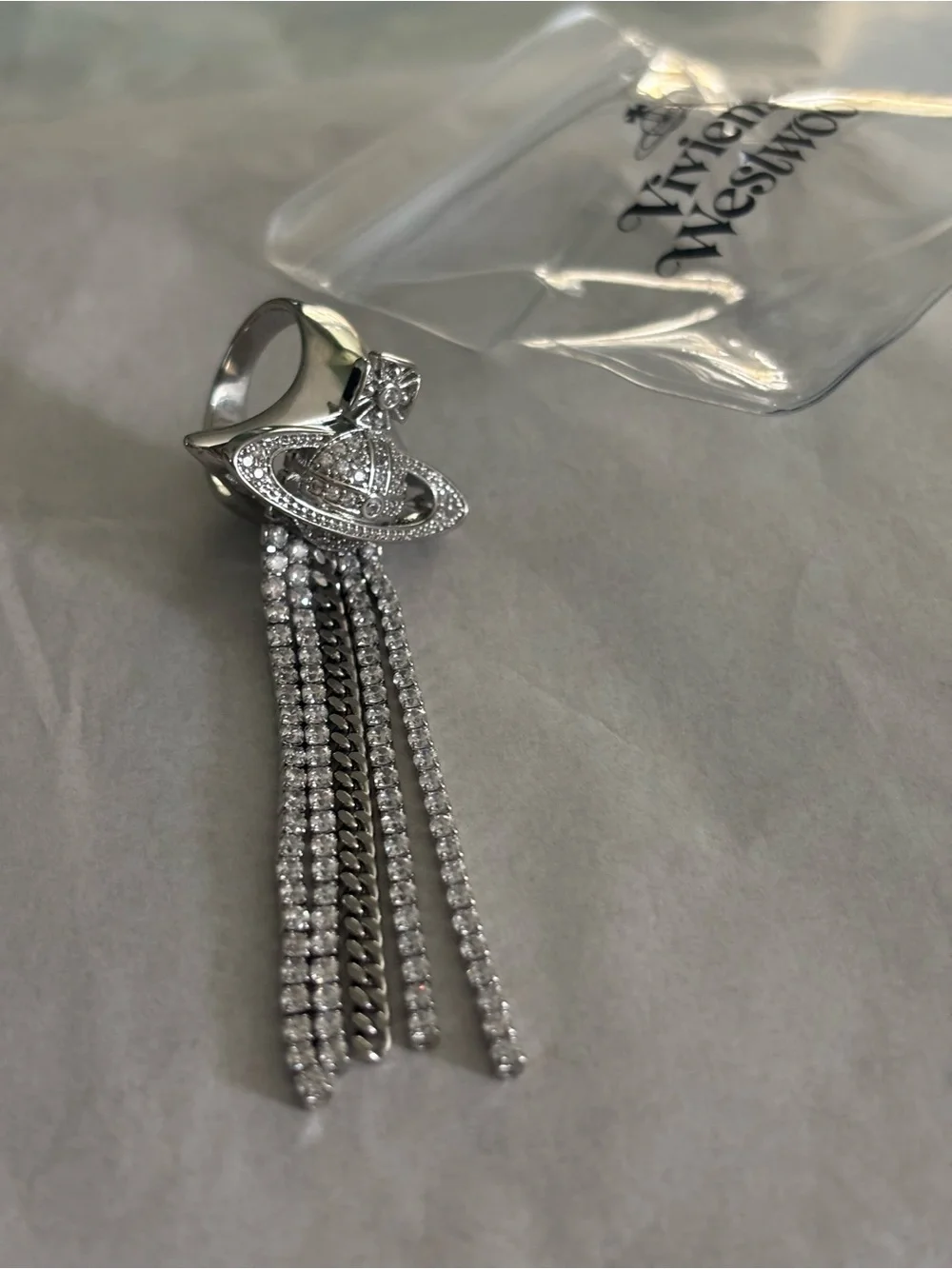 Vivienne Westwood Silver Orb Tassel Earrings with Crystal Chains